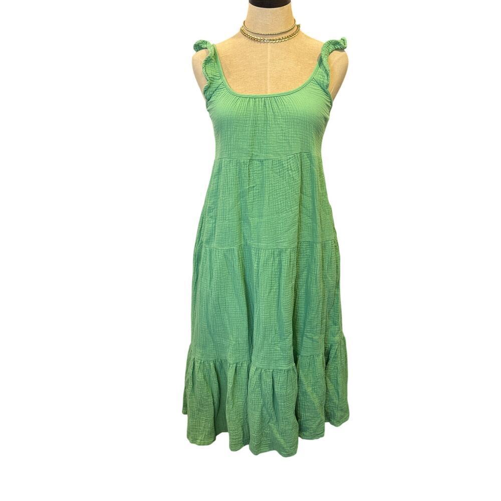 MARINE LAYER Green Cotton Midi Dress Women size XS Flutter Tiered Wedding Guest